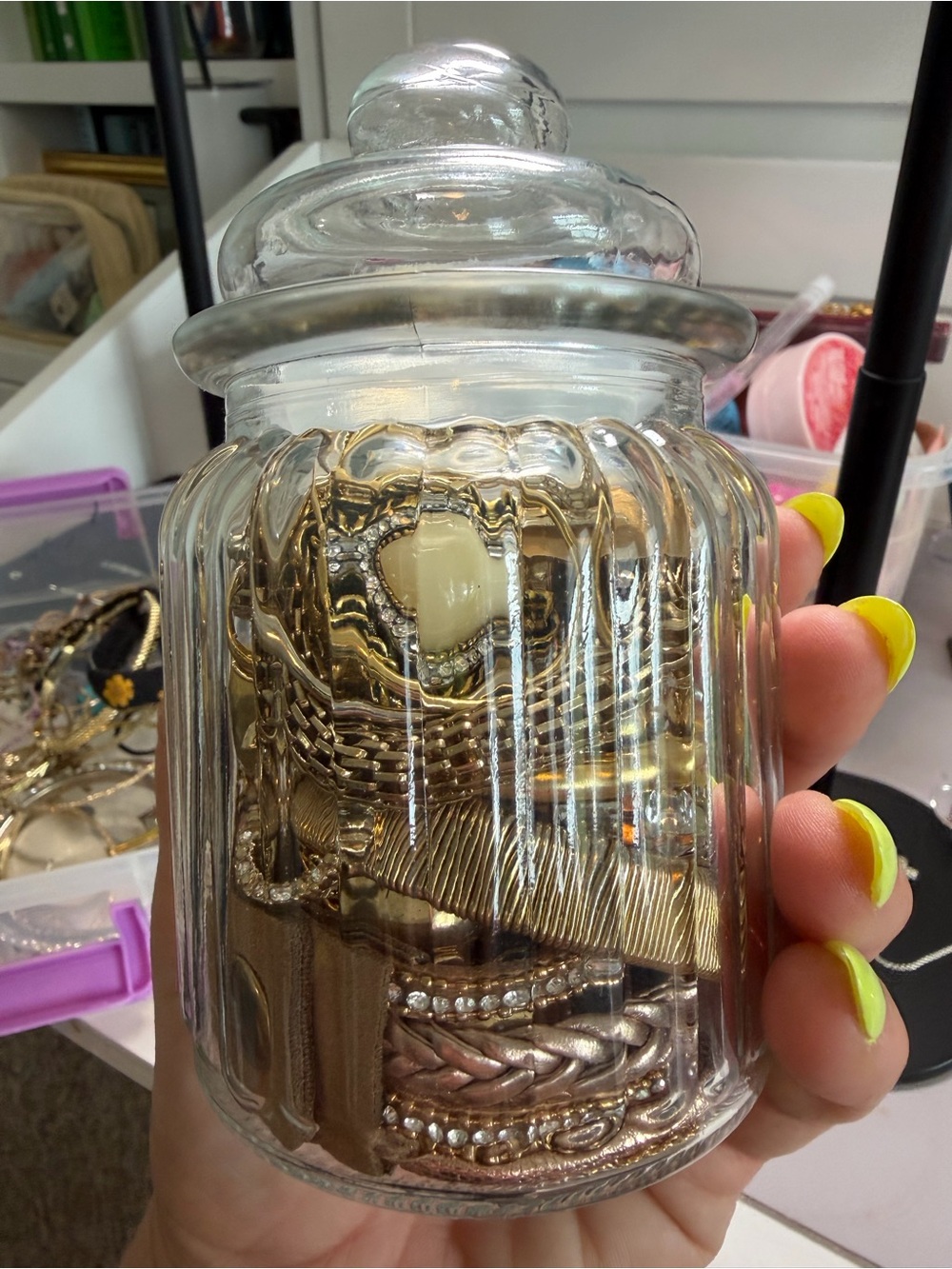 Thrifted Gold-Tone and Rhinestone Fashion Jewelry Jar